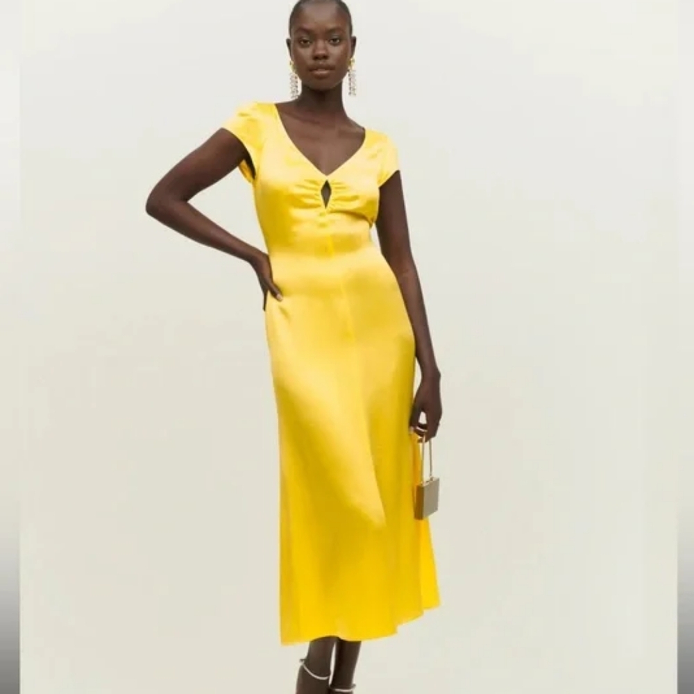 Reformation Yellow Satin Midi Dress